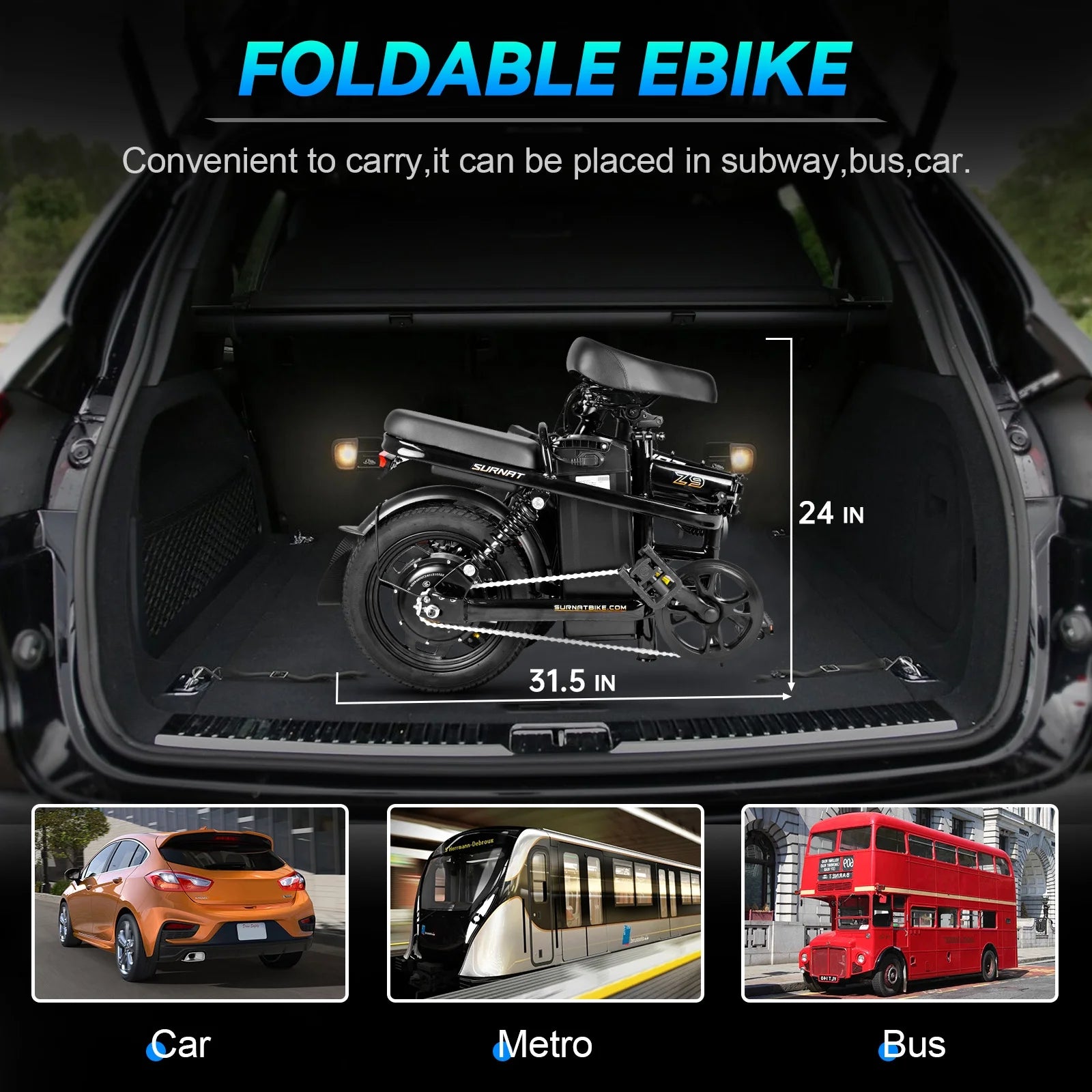 SURNAT Z9 Folding Electric Bike Full Suspension 400W (Peak 600W) 48V 13Ah Removable Battery 23MPH 14" x 2.1 Fat Tire ebikes Commuter Electric Bicycle