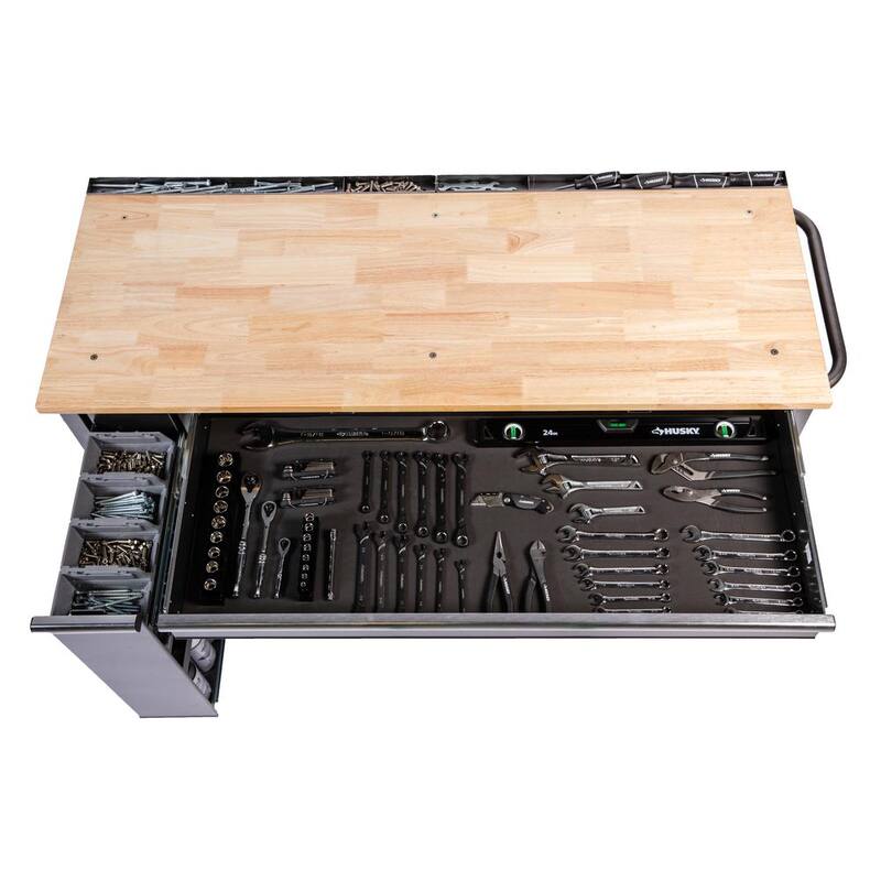 61 in. W x 24 in. D Standard Duty 10-Drawer Mobile Workbench Tool Chest with Sliding Bin Storage Drawer in Silver