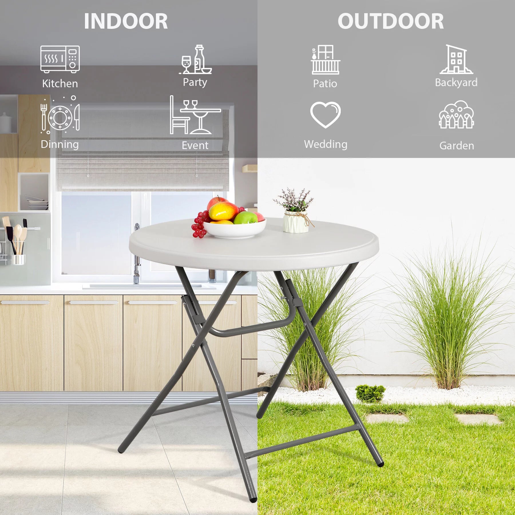 HomGarden 48" Round Bi-Folding Picnic Table 4FT Portable Plastic Dining Card Table Indoor & Outdoor White
