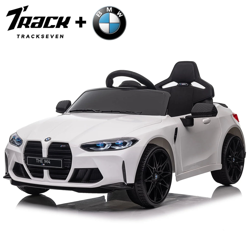 Track 7 12V Ride on Car, Licensed BMW M4 Electric Car, Kids Ride on Car with Remote Control, Bluetooth, Lights, Portable Handle, White