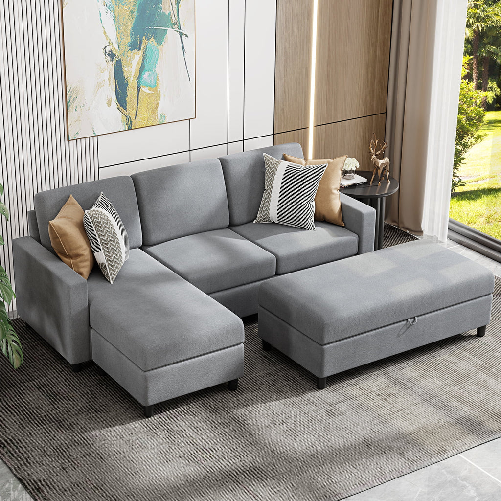 Walsunny Linen Fabric Convertible L-Shaped Sectional Sofa(Dark Gray)