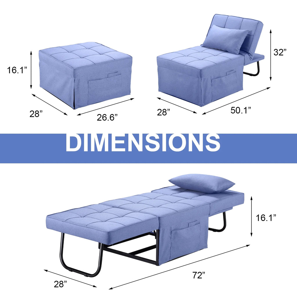 Ainfox Ottoman Chair Lounger Bed .4 in 1 Breathable Linen Convertible Single Sofa Couch, 73.23''L x 33.86''W(Dark Blue)