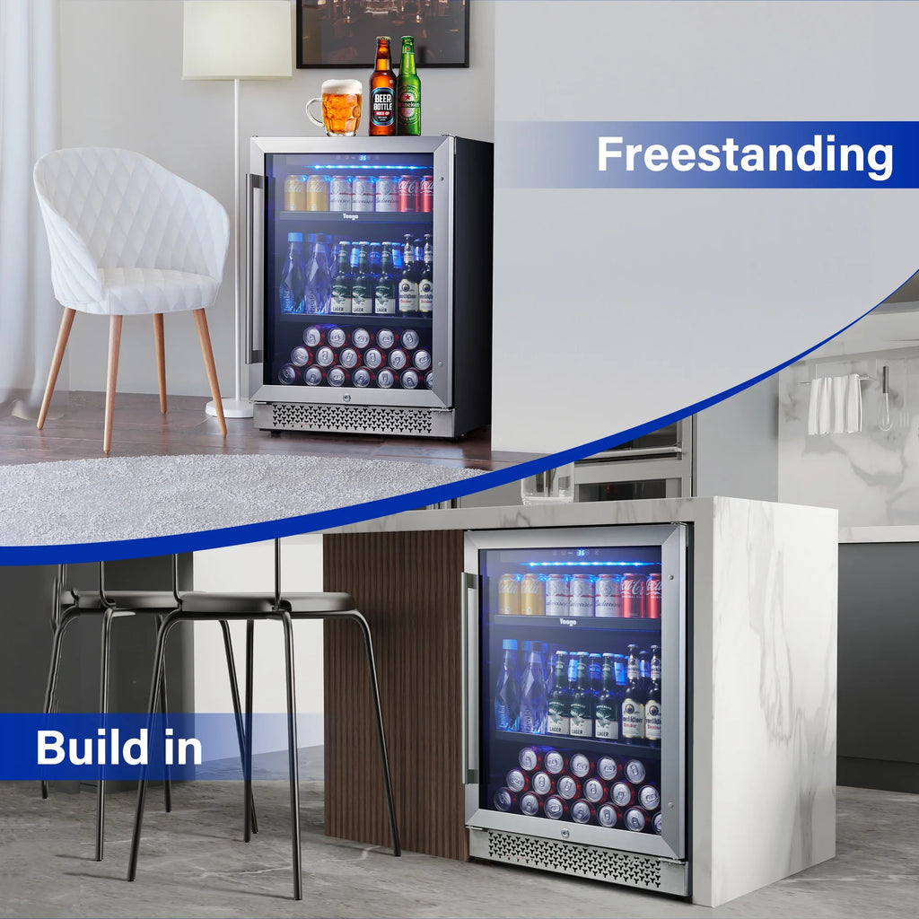 Yeego 24" Beverage Refrigerator, 180 Can Beverage Fridge with Advanced Cooling System Reversible Door Beverage Cooler Built-in or Freestanding for Beer Soda Wine Water