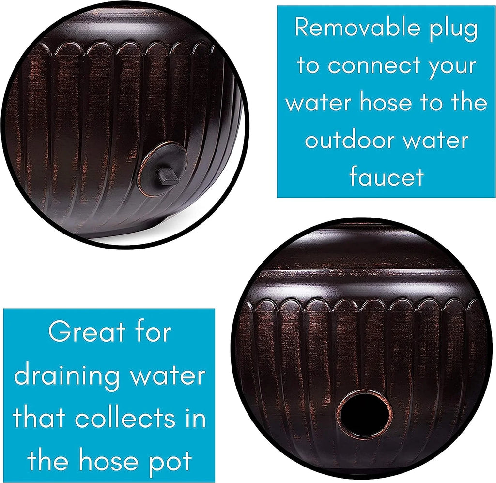 Water Hose Holder | Holds 100ft Hose | DIstressed Bronze | Drainage Hole | Ground Garden Hose Pot | Decorative | Embossed | Steel Metal with Copper Accents | Outdoor or Indoor Use
