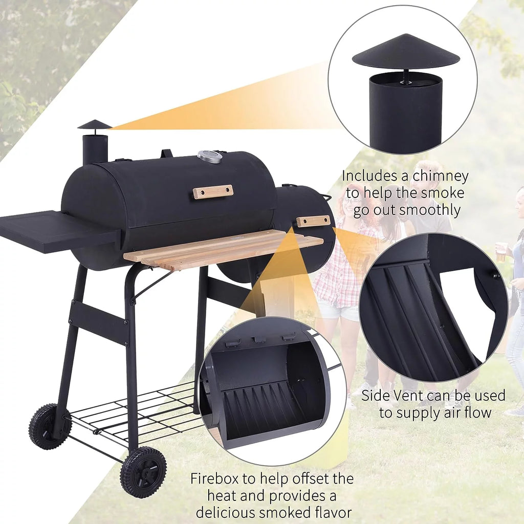 48" Portable Barrel Charcoal BBQ Grill, Steel Outdoor Barbecue Smoker with 232 Square Inches Cooking Space, Storage Shelf, Wheels for Garden Camping Picnic, Black