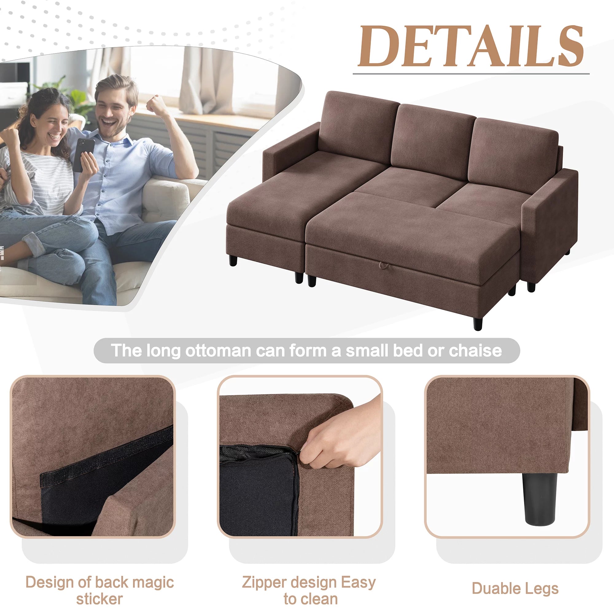 Walsunny Linen Fabric Convertible L-Shaped Sectional Sofa(Dark Gray)