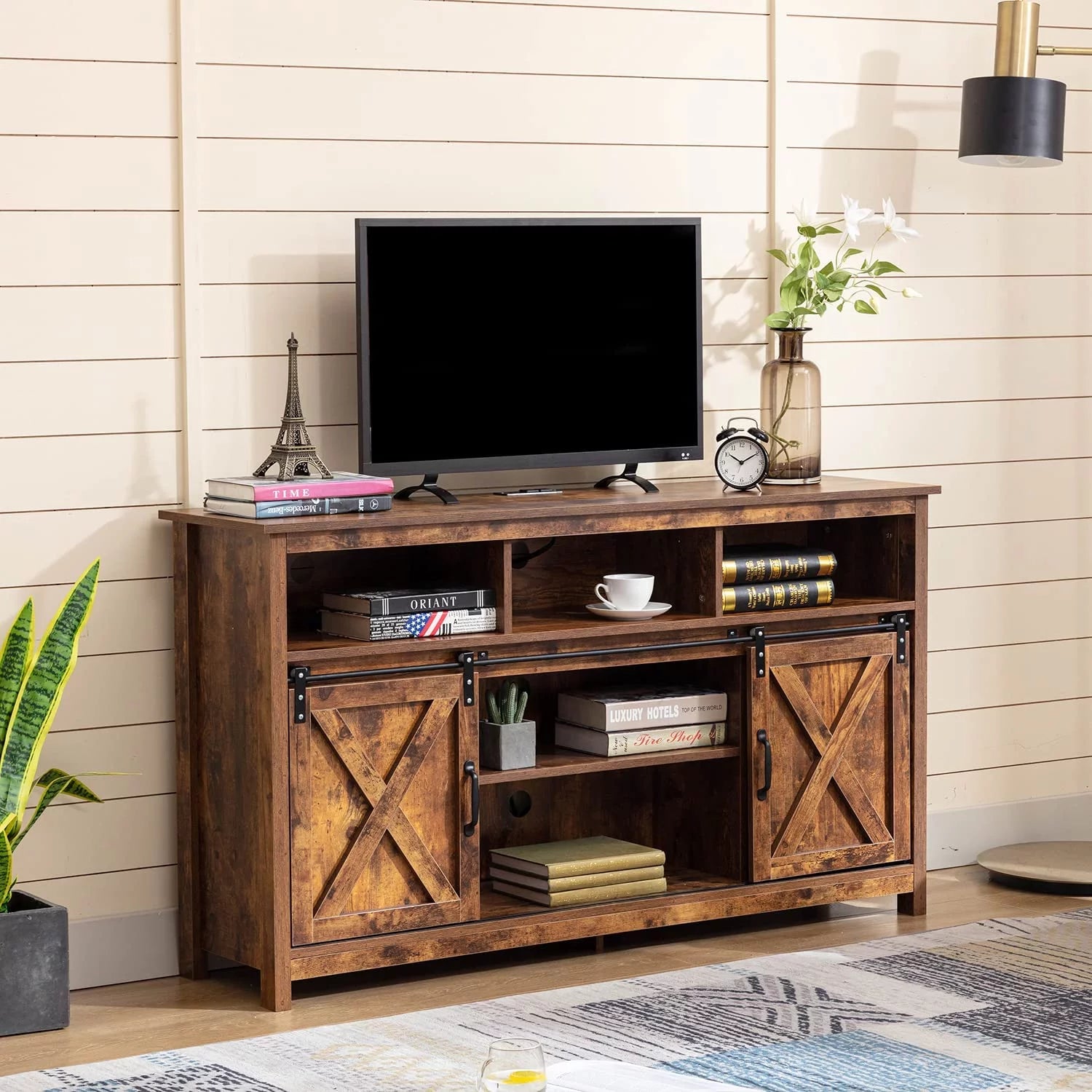 4 Layer Farmhouse Coffee Bar Cabinet With Power Outlet & LED Light, 57" Barn Door Buffet Cabinet Kitchen Storage With Adjustable Shelves(Brown)