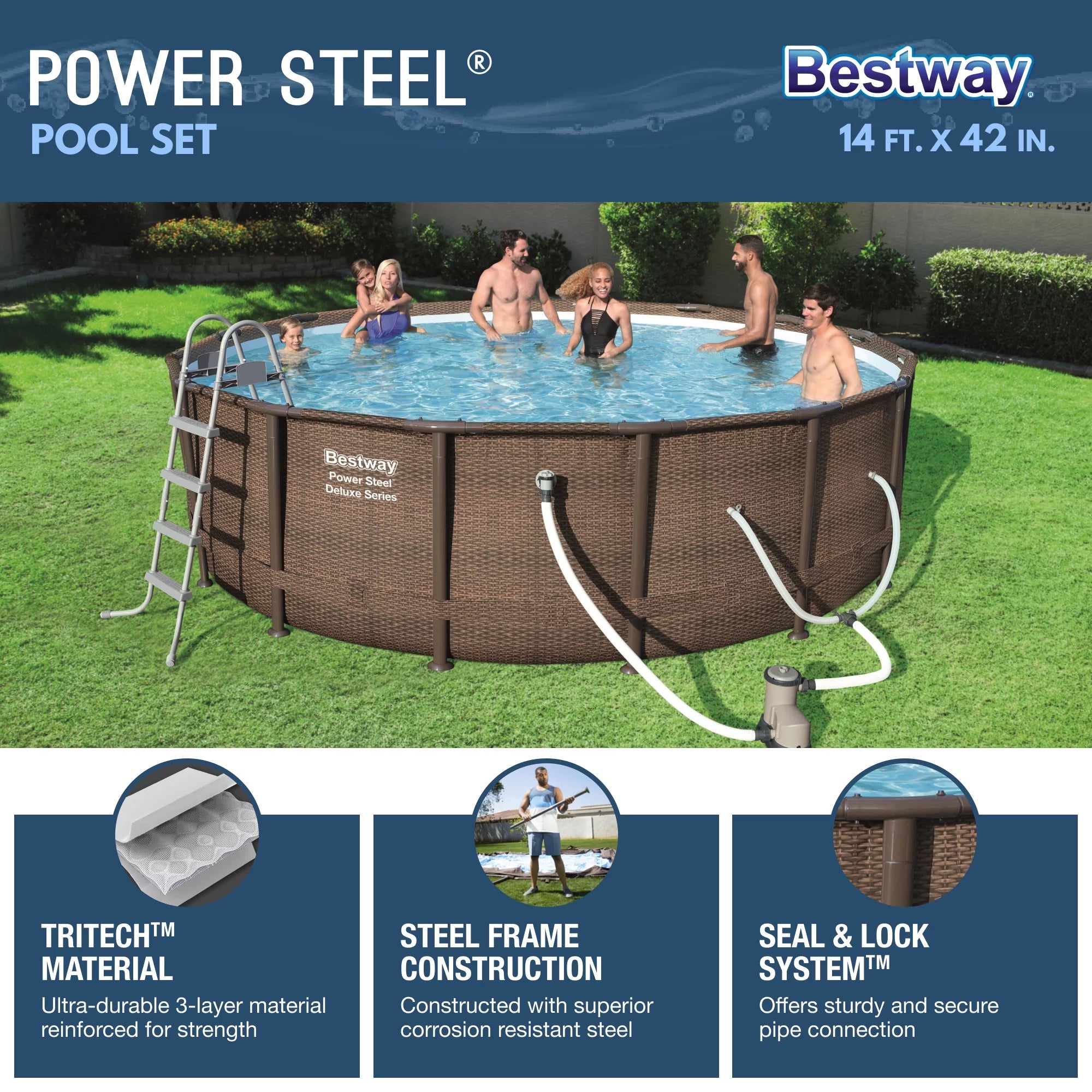 Bestway Power Steel 14' x 42" Round Above Ground Outdoor Swimming Pool Set