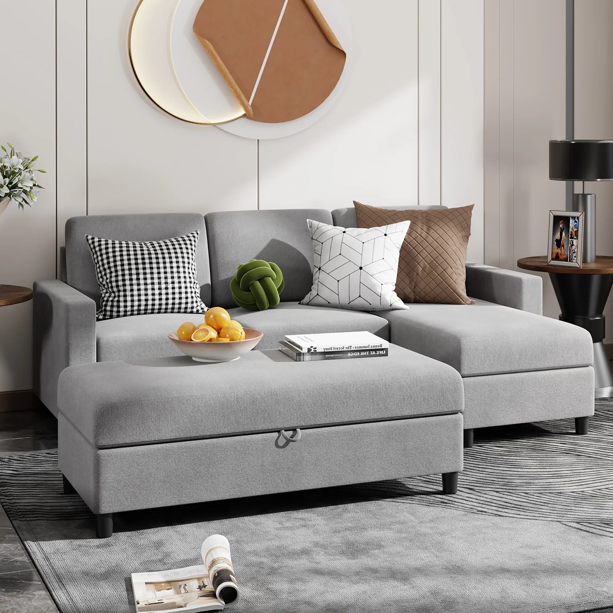 Walsunny Linen Fabric Convertible L-Shaped Sectional Sofa(Dark Gray)