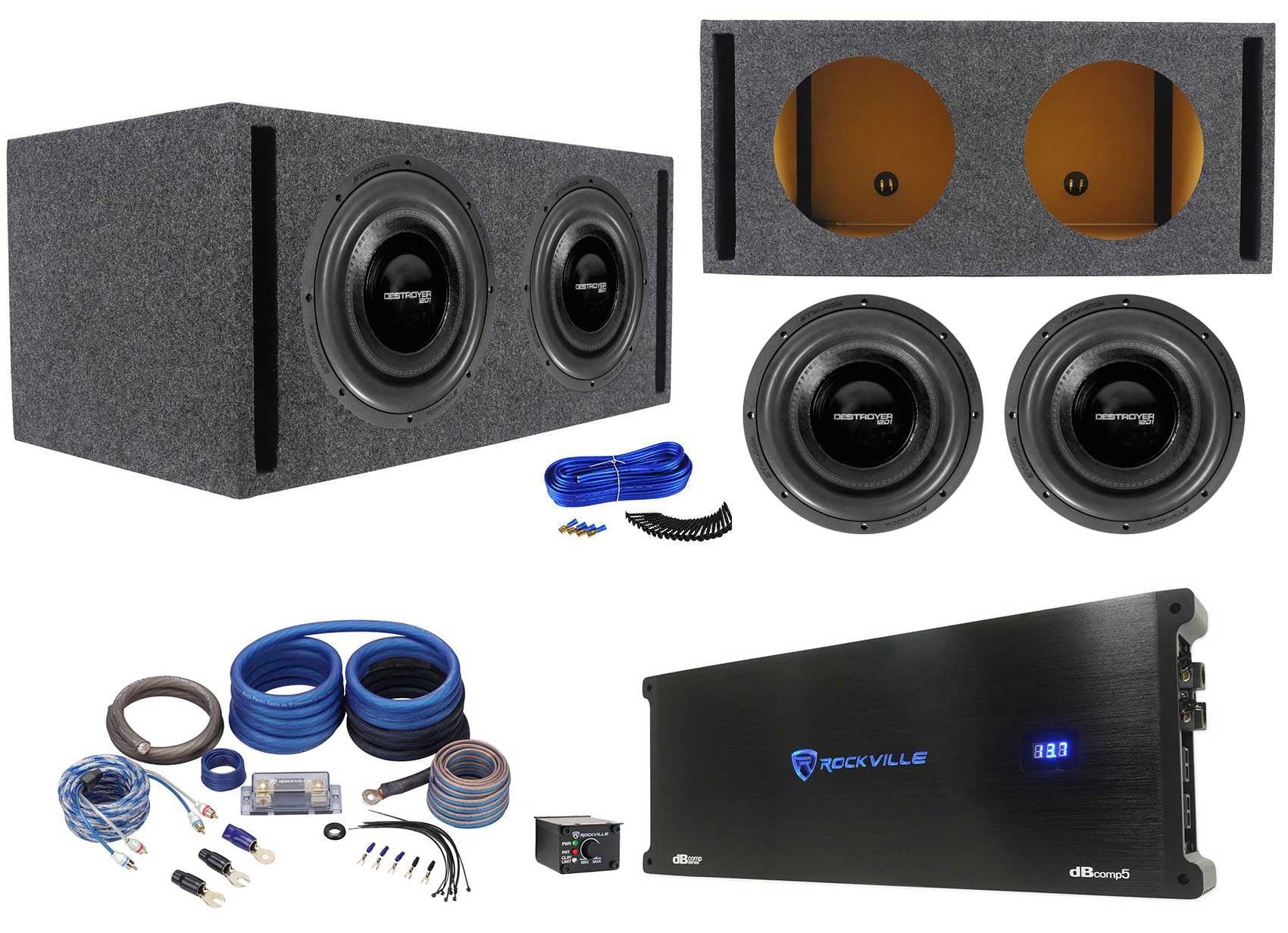 (2) Rockville Destroyer 12D1 12" Competition Car Subwoofers+Box+Mono Amplifier