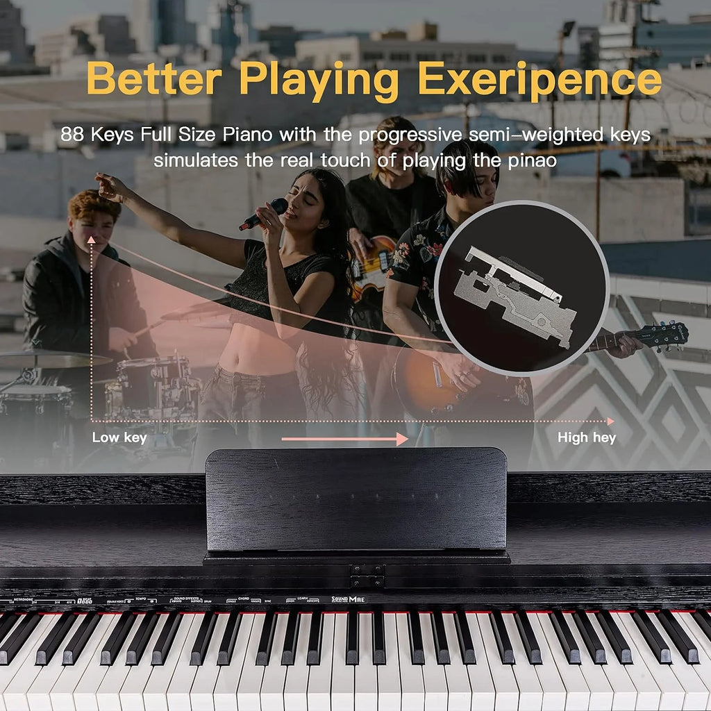 HEXANT 88-Key Weighted Digital Piano, Full-Size Semi-Weighted Upright Flip Electric Keyboard Piano with 3 Pedal and Multi-Functional Keyboard for Beginner(with Bench,Black)