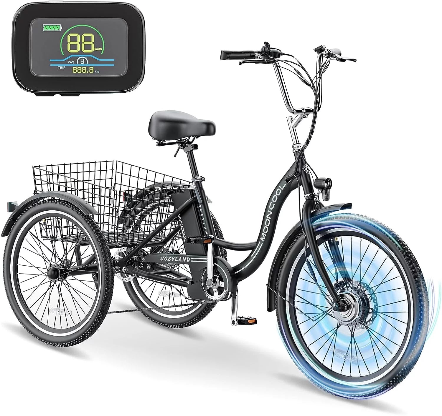 Mooncool 24" 26" 3 Wheel Electric Tricycle for Adults, 350W 36V 7 Speeds Motorized Electric Trike Three Wheel Electric Bikes Bicycle with Large Basket & Accessories for Women Men