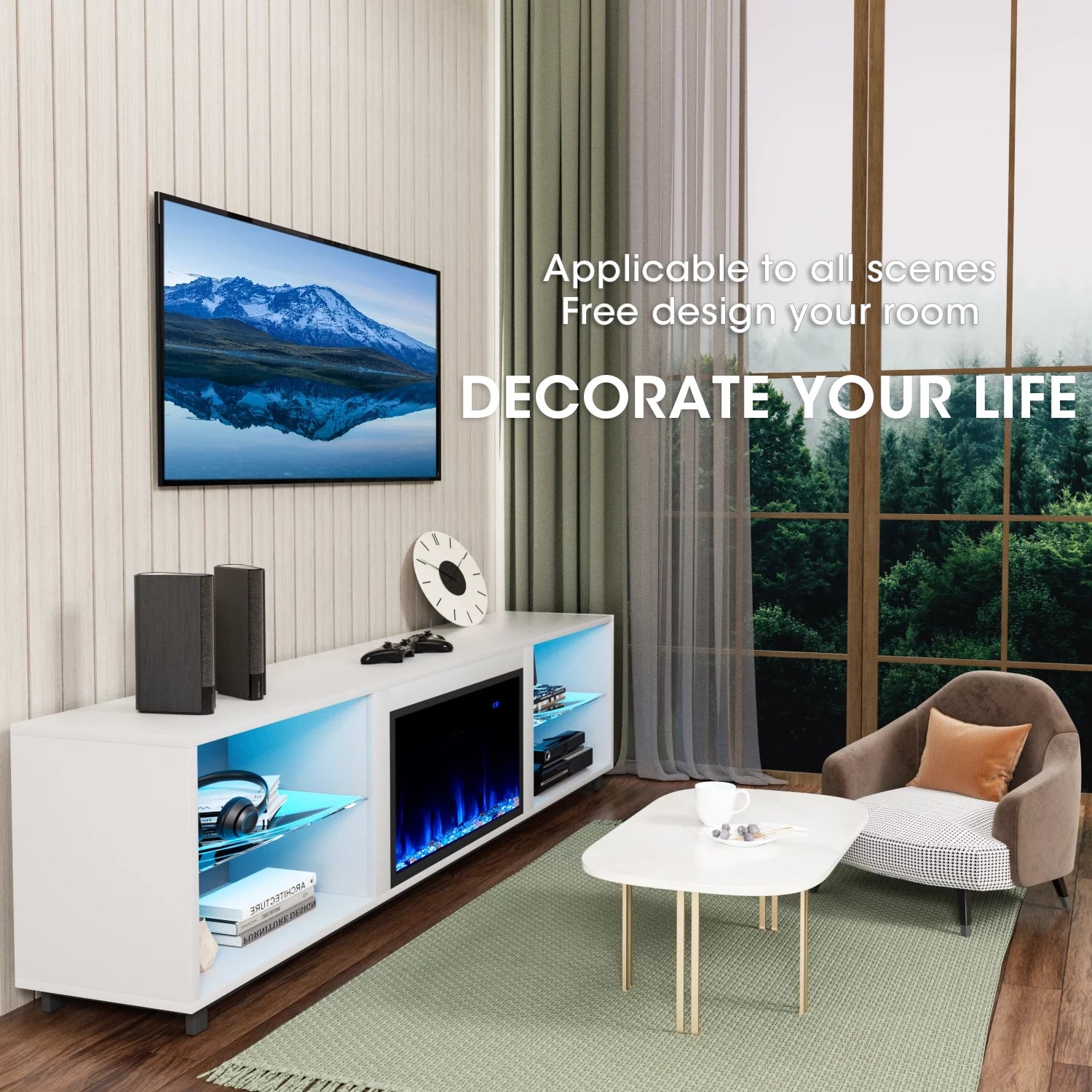 Oneinmil 68'' Fireplace TV Stand for 75'' TV, with 23" Electric Fireplace, LED Light Entertainment Center, White