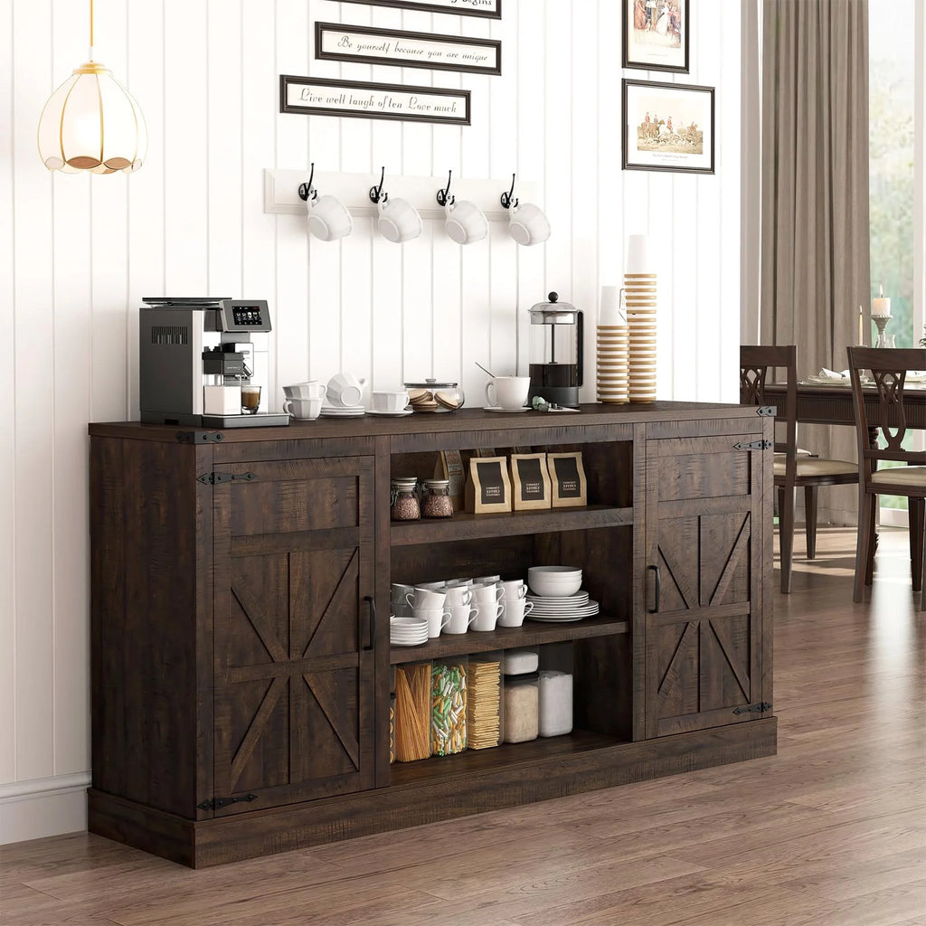 4 Layer Farmhouse Coffee Bar Cabinet With Power Outlet & LED Light, 57" Barn Door Buffet Cabinet Kitchen Storage With Adjustable Shelves(Brown)