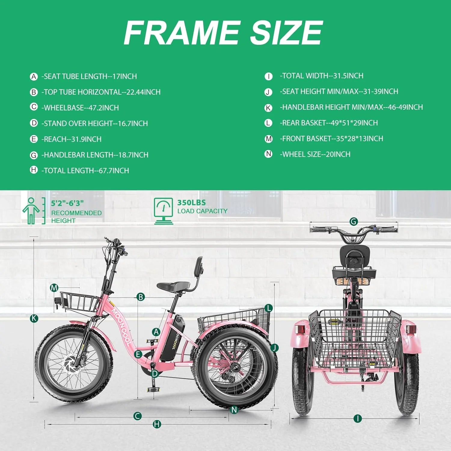 Mooncool 24" 26" 3 Wheel Electric Tricycle for Adults, 350W 36V 7 Speeds Motorized Electric Trike Three Wheel Electric Bikes Bicycle with Large Basket & Accessories for Women Men