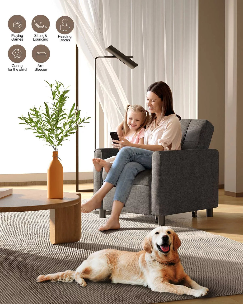 Sofa Beds Chair 3 in 1, Convertible Chair Single Bed,Dark Grey