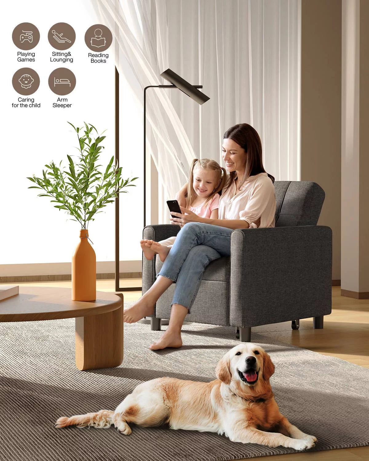 Sofa Beds Chair 3 in 1, Convertible Chair Single Bed,Dark Grey