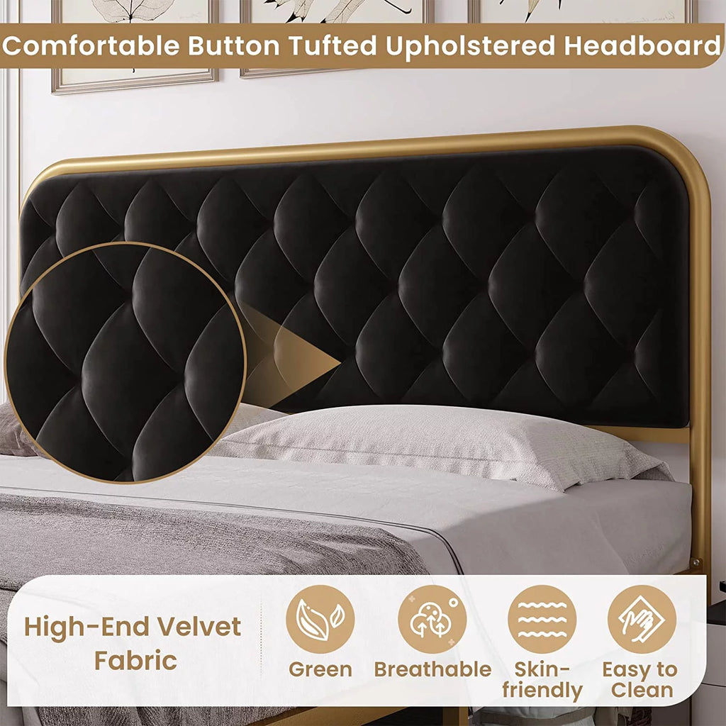 EPHEX Queen Upholstered Bed Frame with Button Tufted Headboard Heavy Duty Metal Platform Bed Frame with Velvet Headboard, Gold & Black