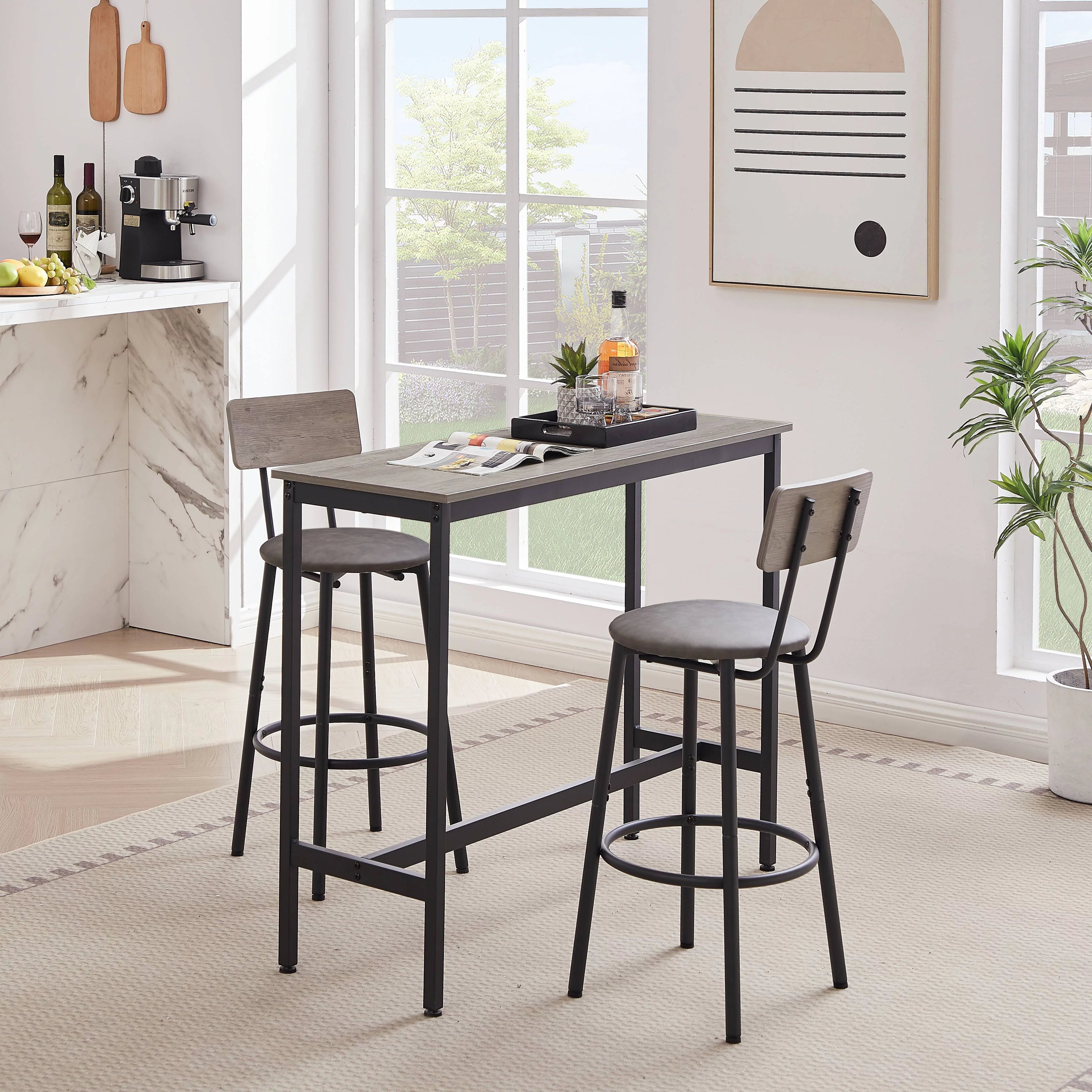 5 Piece Bar Table Set, Modern Counter Height Dining Set, Home Dining Table and Chairs Set for 4, Kitchen Breakfast Table Set with 4 Cushioned Stools, Bistro Pub Table Set, Rustic Brown