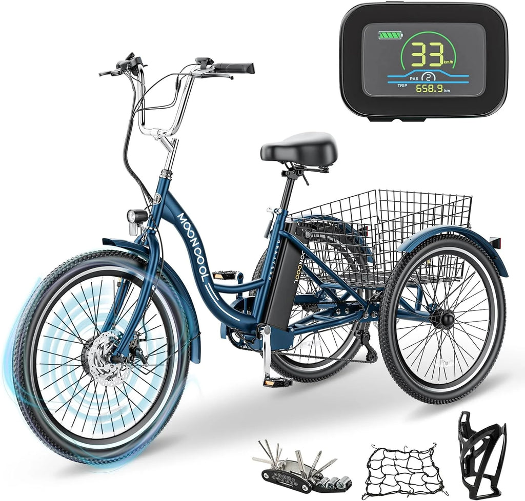Mooncool 24" 26" 3 Wheel Electric Tricycle for Adults, 350W 36V 7 Speeds Motorized Electric Trike Three Wheel Electric Bikes Bicycle with Large Basket & Accessories for Women Men
