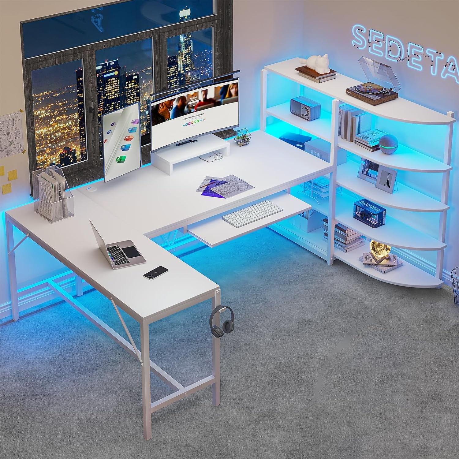 U-SHARE  L Shaped Computer Desk, 63'' Desk with Storage Shelves, Keyboard Tray, Monitor Stand and Headphone Hook, Corner Gaming Desk with LED Lights,