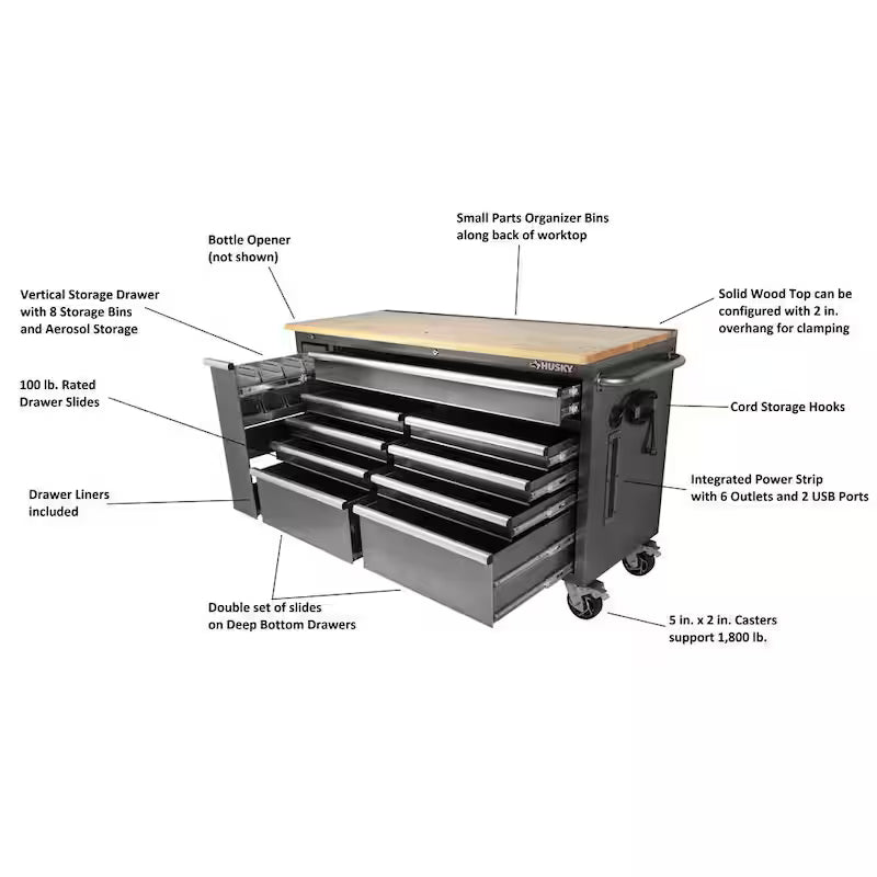 61 in. W x 24 in. D Standard Duty 10-Drawer Mobile Workbench Tool Chest with Sliding Bin Storage Drawer in Silver