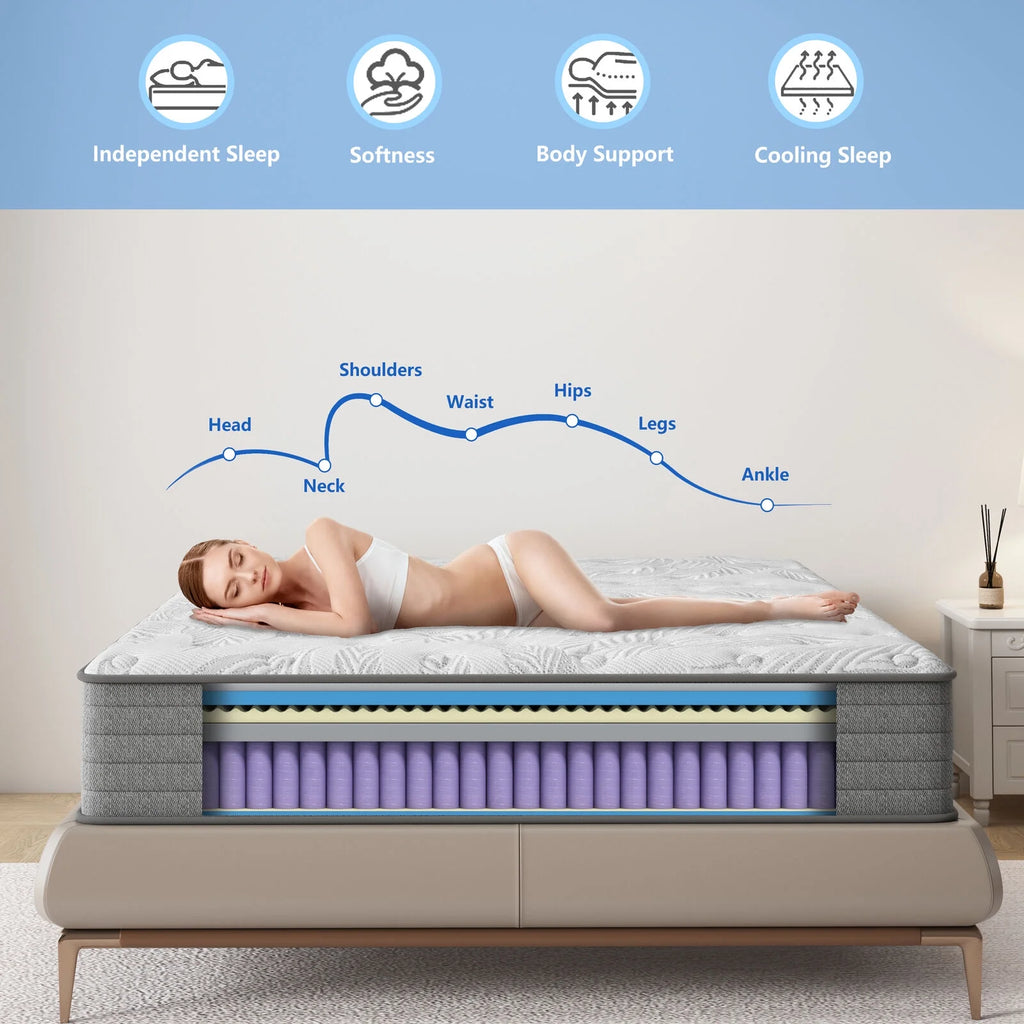 ANGFAN 12" Medium Firm Innerspring Mattress Twin, Hybrid of Cooling Gel Infused Memory Foam and Pocket Spring Mattress in a Box, Twin Size