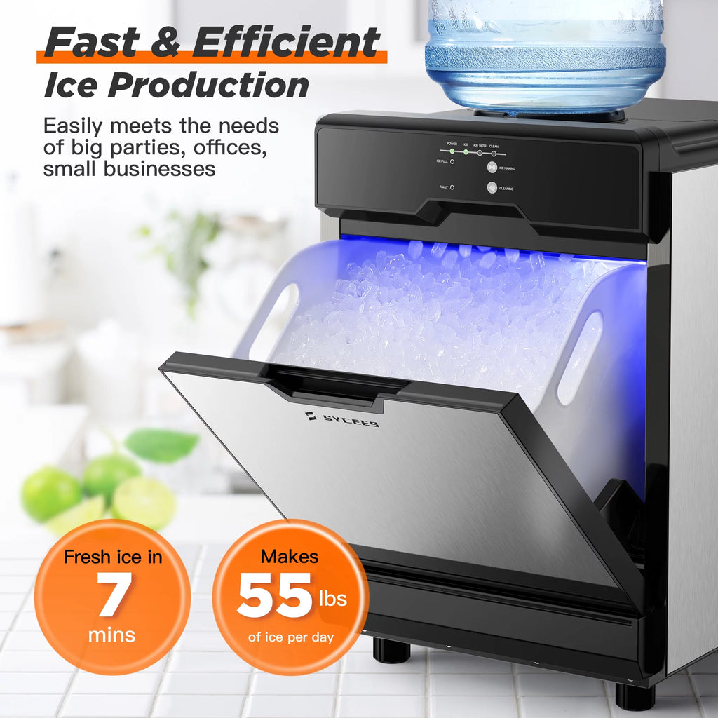 SYCEES Nugget Ice Maker Countertop, 55lbs/24h, 13lbs Storage, Sonic Ice Ready in 7 Mins, 2 Ways to Add Water, Self-Cleaning Pellet Ice Machine for Home, Office, Bar, Cafe, Restaurant, Commercial Use