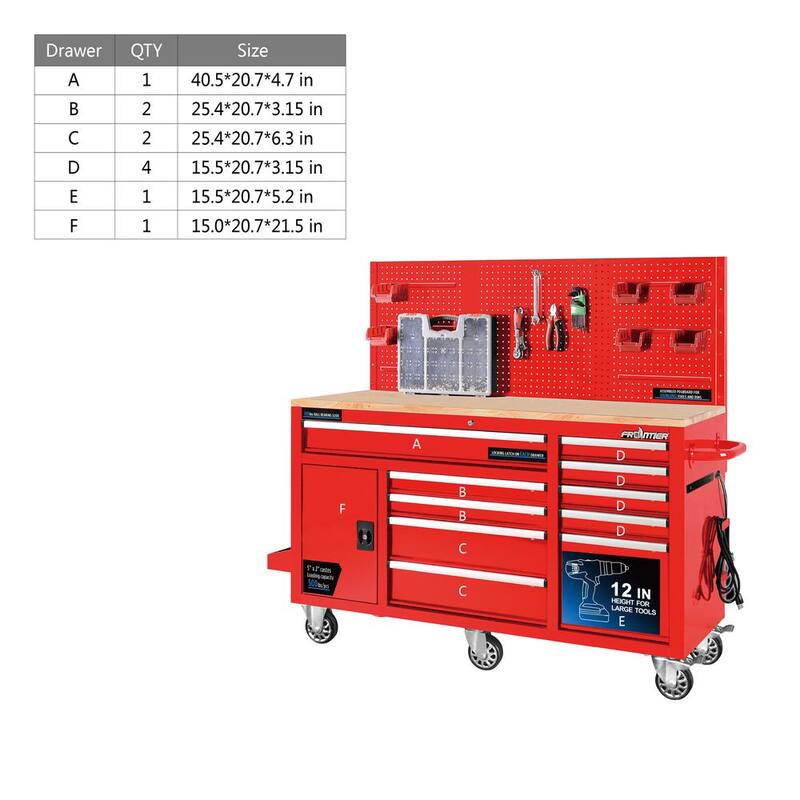 Heavy-Duty 62 in. 10-Drawer Red Tool Chest Mobile Workbench Cabinet with Pegboard Back Wall