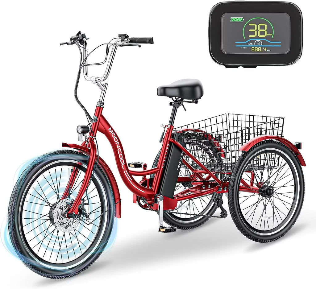 Mooncool 24" 26" 3 Wheel Electric Tricycle for Adults, 350W 36V 7 Speeds Motorized Electric Trike Three Wheel Electric Bikes Bicycle with Large Basket & Accessories for Women Men