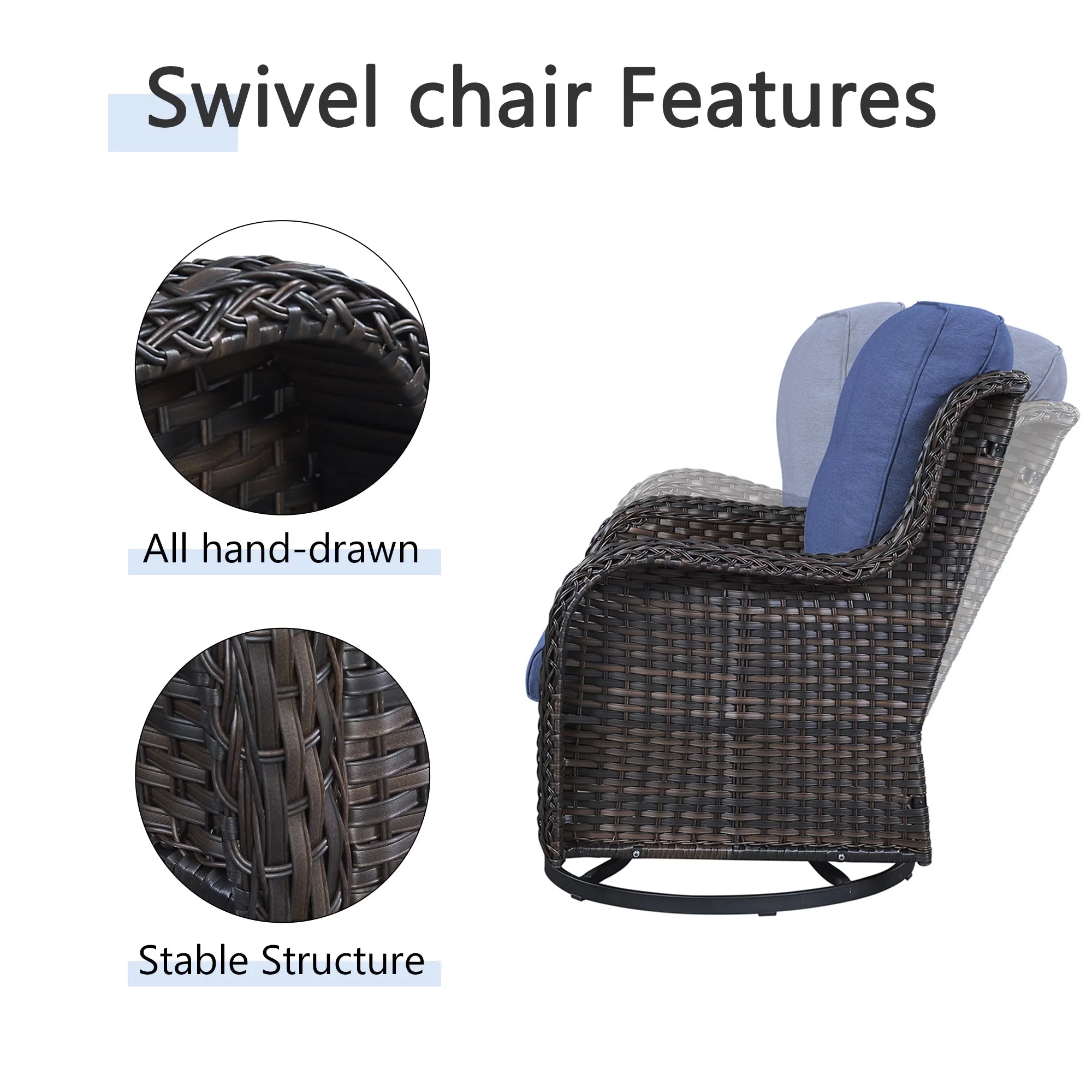 PARKWELL 3-Piece Outdoor Swivel Gliders with Side Table - Patio Wicker Bistro Furniture Set for Porch Deck Backyard - Blue Cushioned Swivel Rocking Chairs in Brown Wicker