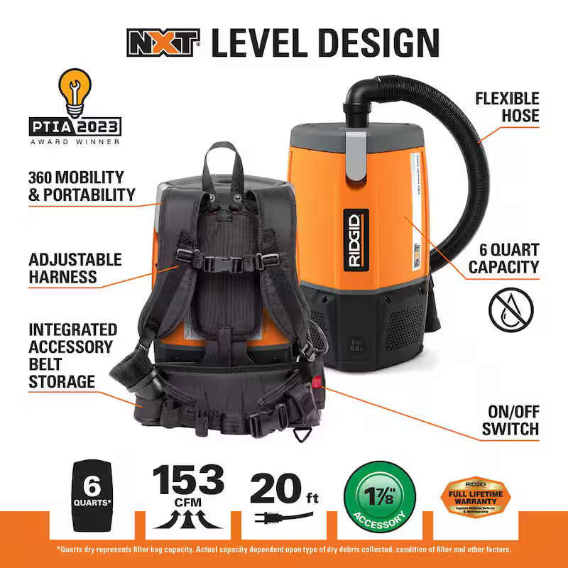 6 Qt. NXT Backpack Vacuum Cleaner with Filters and Locking Accessories for Dry Applications