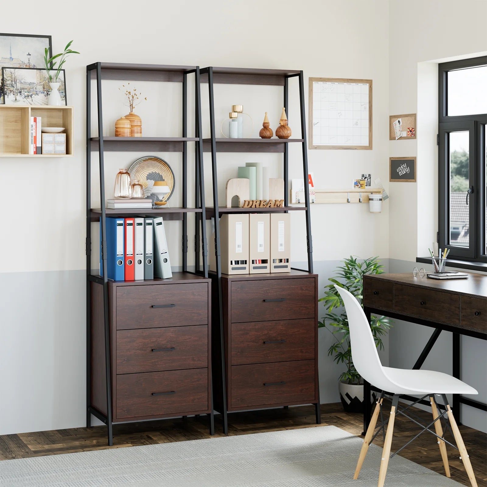 Homfa 3 Drawers Ladder Bookshelf, 3 Tier Open Storage Shelves for Office Living Room, Rustic Brown