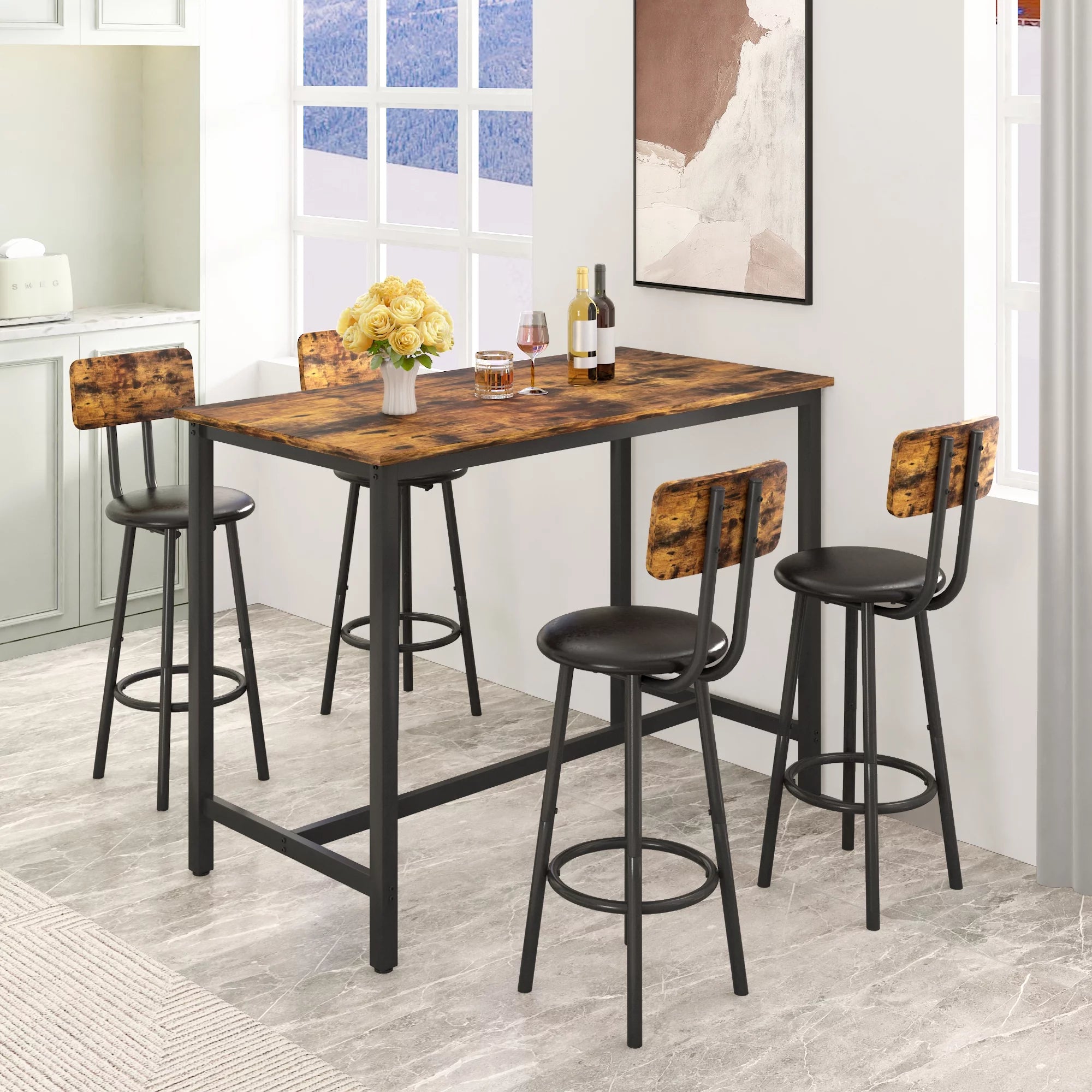 5 Piece Bar Table Set, Modern Counter Height Dining Set, Home Dining Table and Chairs Set for 4, Kitchen Breakfast Table Set with 4 Cushioned Stools, Bistro Pub Table Set, Rustic Brown