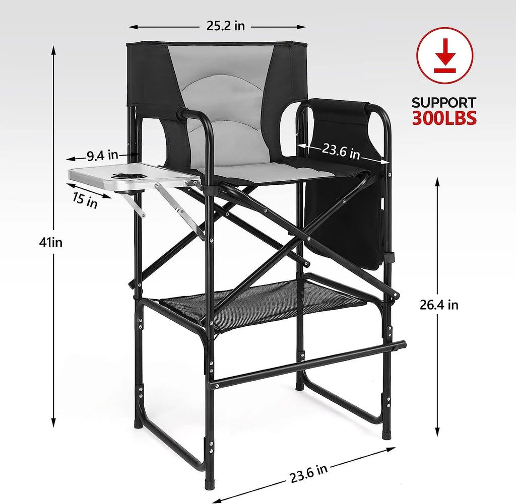 30inch Directors Camping Chair Folding with Side Table,Portable Makeup Artist Bar Height, Aluminum Frame 300 lbs Capacity,