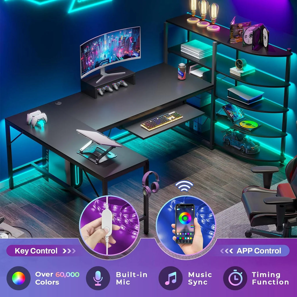 U-SHARE  L Shaped Computer Desk, 63'' Desk with Storage Shelves, Keyboard Tray, Monitor Stand and Headphone Hook, Corner Gaming Desk with LED Lights,