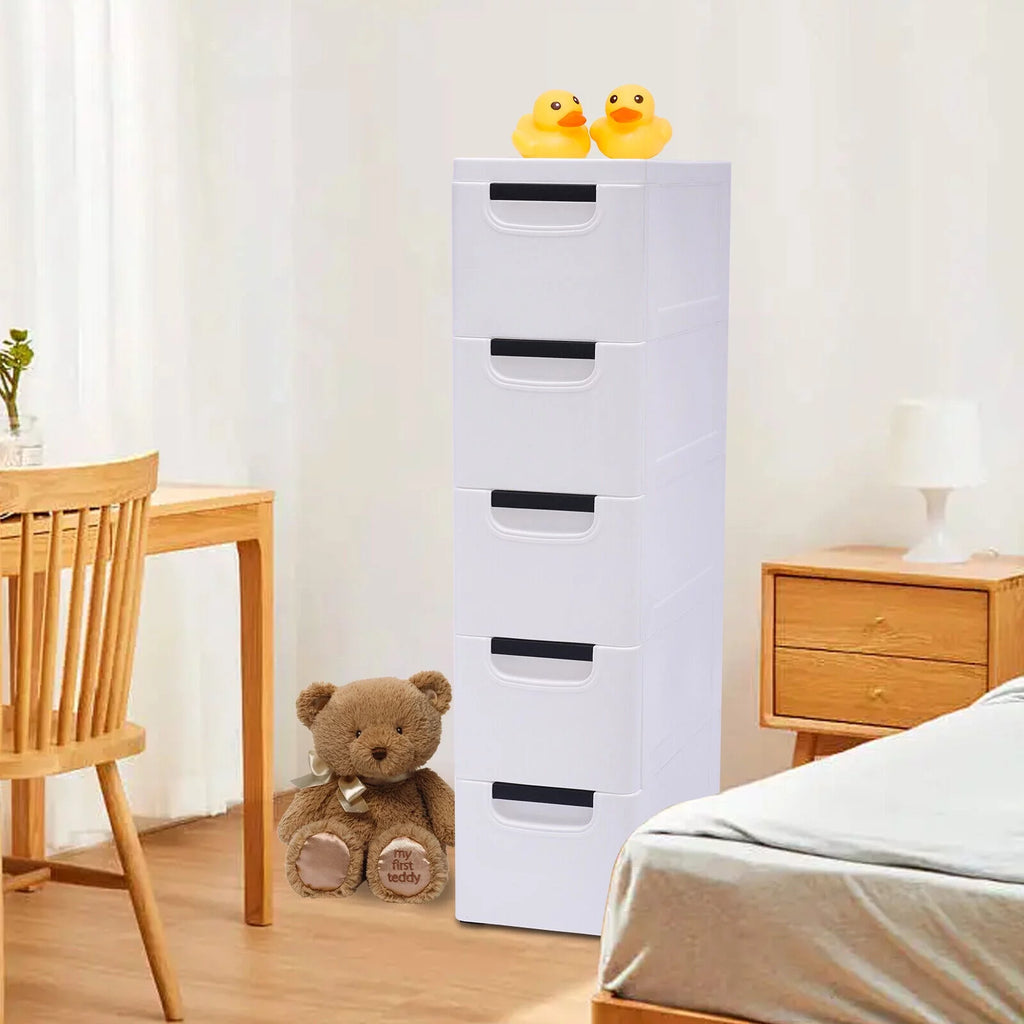 Fichiouy Vertical Tall Dresser Storage Tower Fabric Organizer Wardrobe with 5 Drawers White