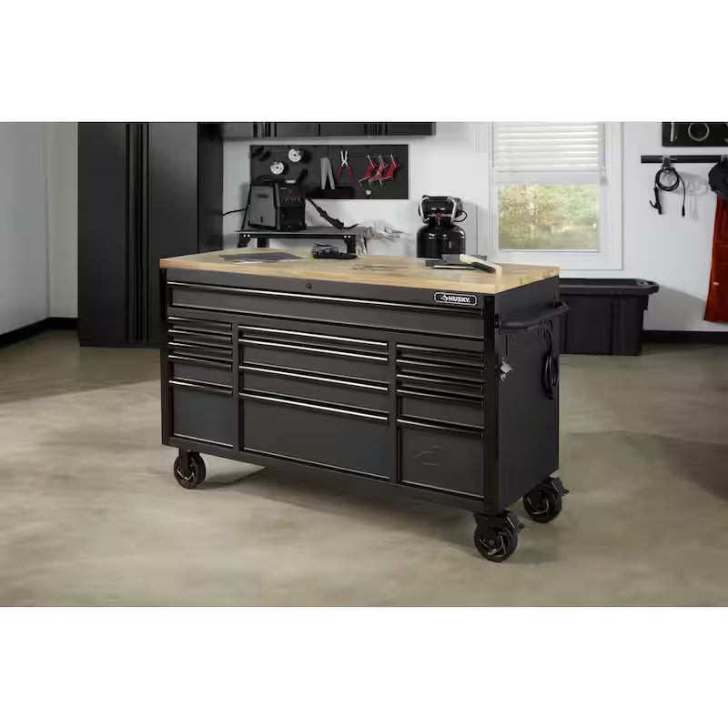 61 in. W x 23 in. D Heavy Duty 15-Drawer Mobile Workbench Tool Chest with Solid Wood Top in Matte Black
