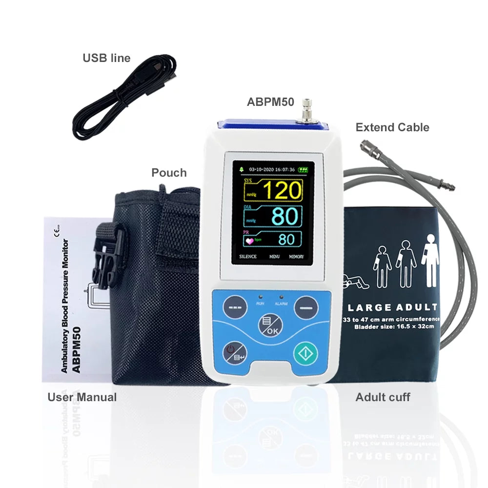 CONTEC ABPM50 Handheld 24hours Ambulatory Blood Pressure Monitor with PC Software for Continuous Monitoring NIBP USB Port with Three Cuffs