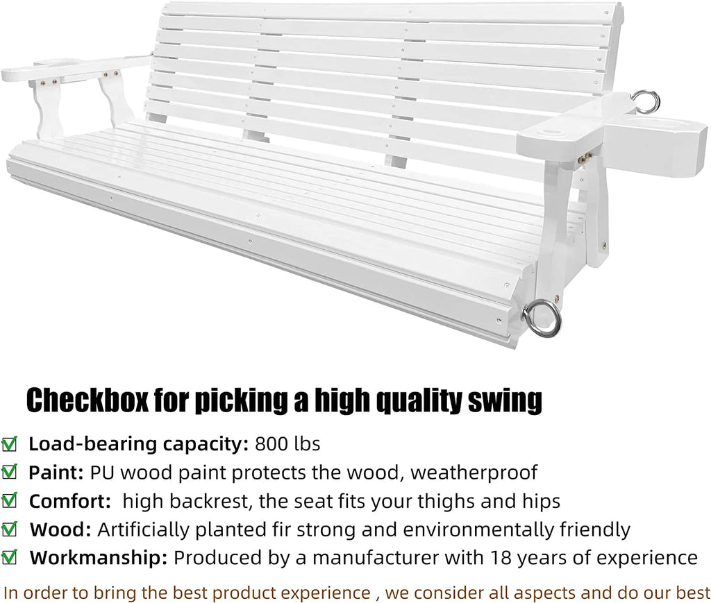 Wooden Porch Swing 3 Seater, 800 lbs Bench Swing for Outdoor Patio Garden Yard, 5 feet White