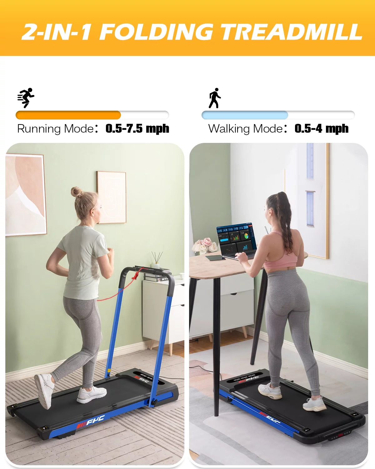 FYC 3.5HP Under Desk Treadmill - 300LBS Weight Capacity, 2-in-1 Foldable Design, Remote Control & LED Display - Compact Electric Walking and Running Machine for Walking, Running, Jogging (White)