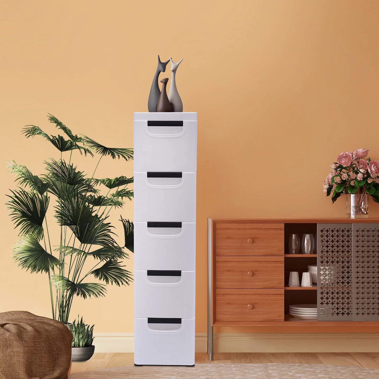 Fichiouy Vertical Tall Dresser Storage Tower Fabric Organizer Wardrobe with 5 Drawers White