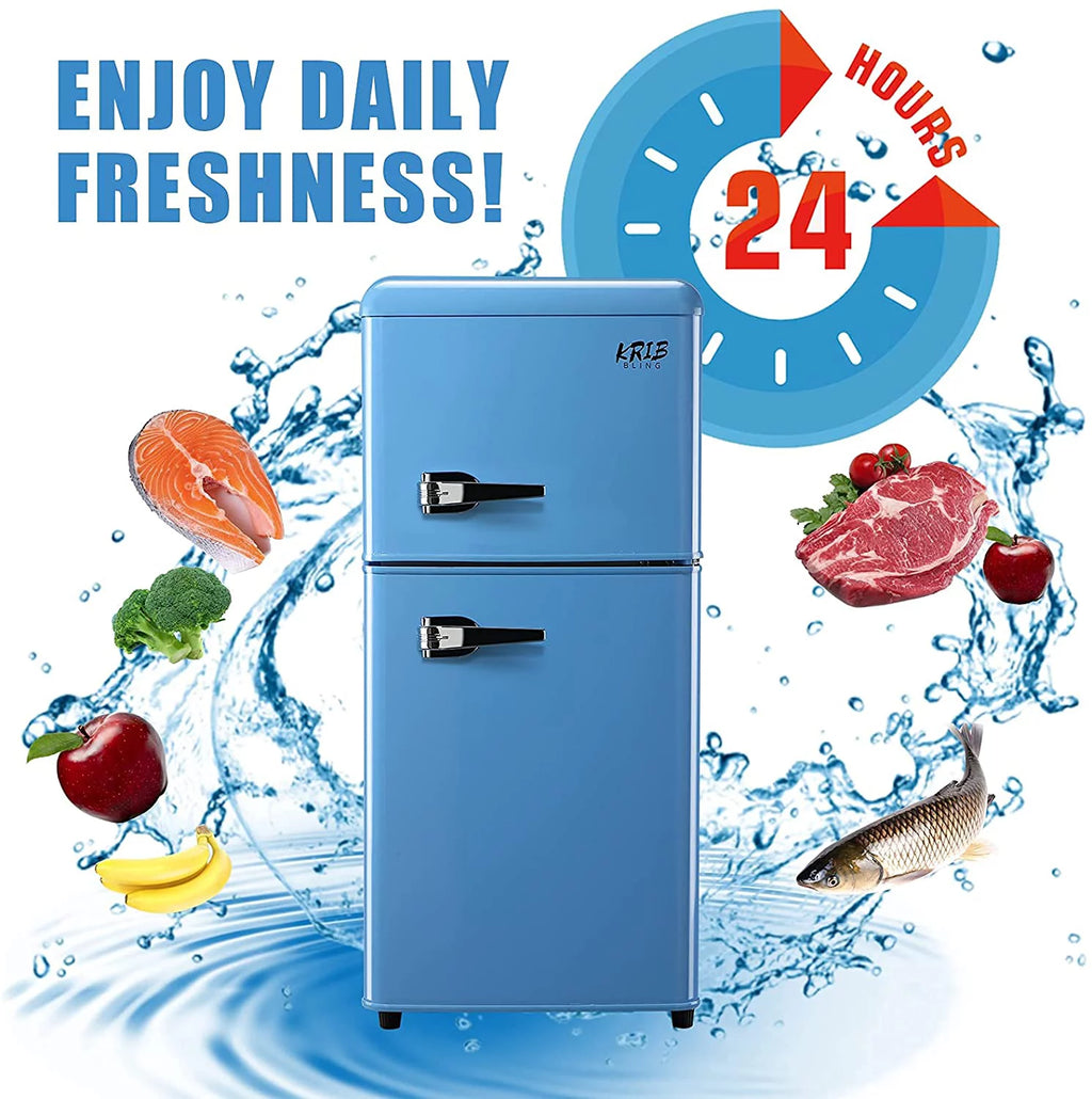 Krib Bling 3.5 cu.ft Compact Refrigerator, Retro Mini Fridge with Freezer, Small Drink Chiller with 2 Door, Blue
