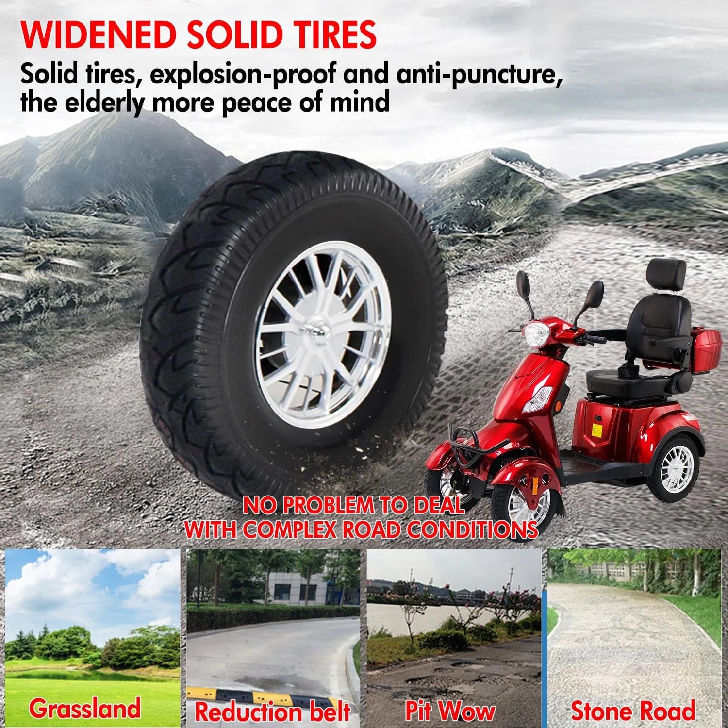 Mobility Scooters 4-Wheel Mobility Scooter Battery Powered Compact Rear Box 360 Degree Adjustable Seat  Red