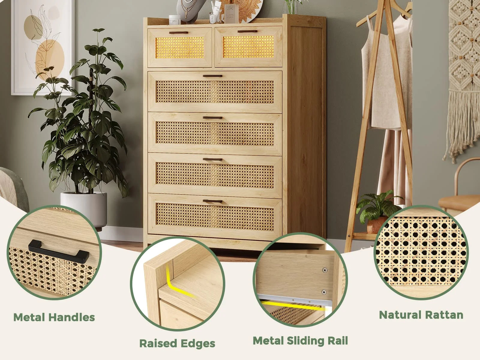 7 Drawer Dressers with LED Light, Natural Rattan Dresser for Bedroom, Hallway, Entryway