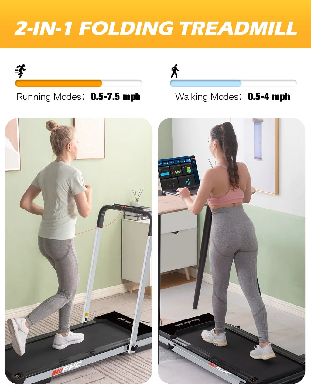FYC 3.5HP Under Desk Treadmill - 300LBS Weight Capacity, 2-in-1 Foldable Design, Remote Control & LED Display - Compact Electric Walking and Running Machine for Walking, Running, Jogging (White)