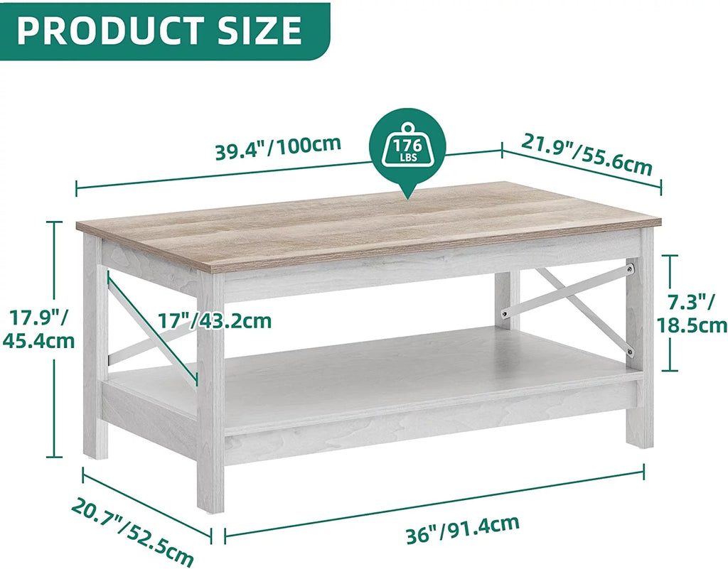 Dextrus Farmhouse Coffee Table 2-Tier Wood Center Table with Storage Shelf for Living Room, Gray, 39.7