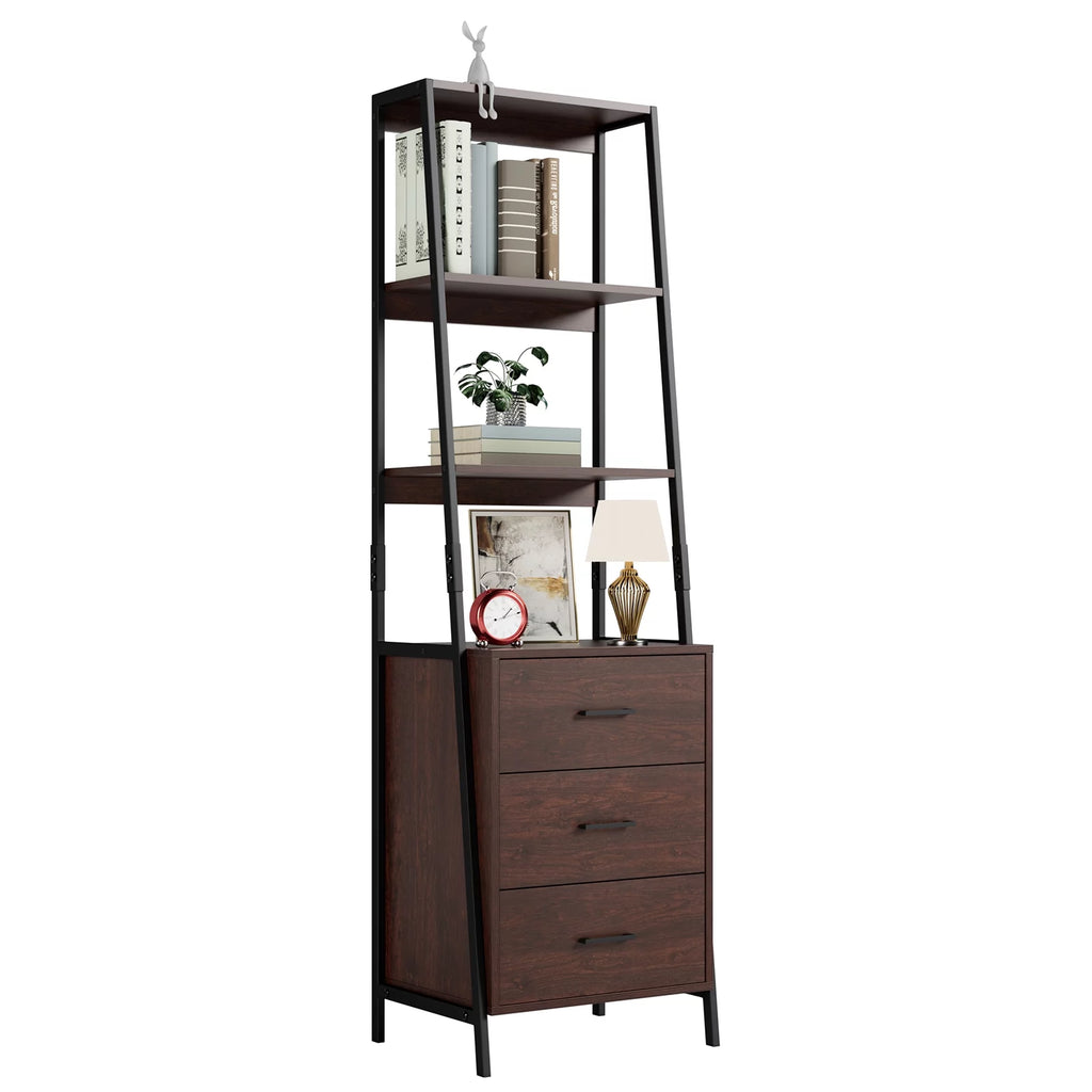Homfa 3 Drawers Ladder Bookshelf, 3 Tier Open Storage Shelves for Office Living Room, Rustic Brown