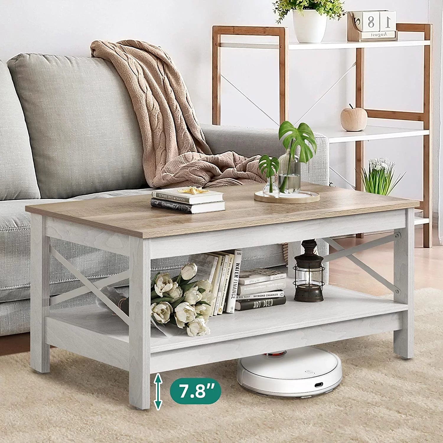 Dextrus Farmhouse Coffee Table 2-Tier Wood Center Table with Storage Shelf for Living Room, Gray, 39.7